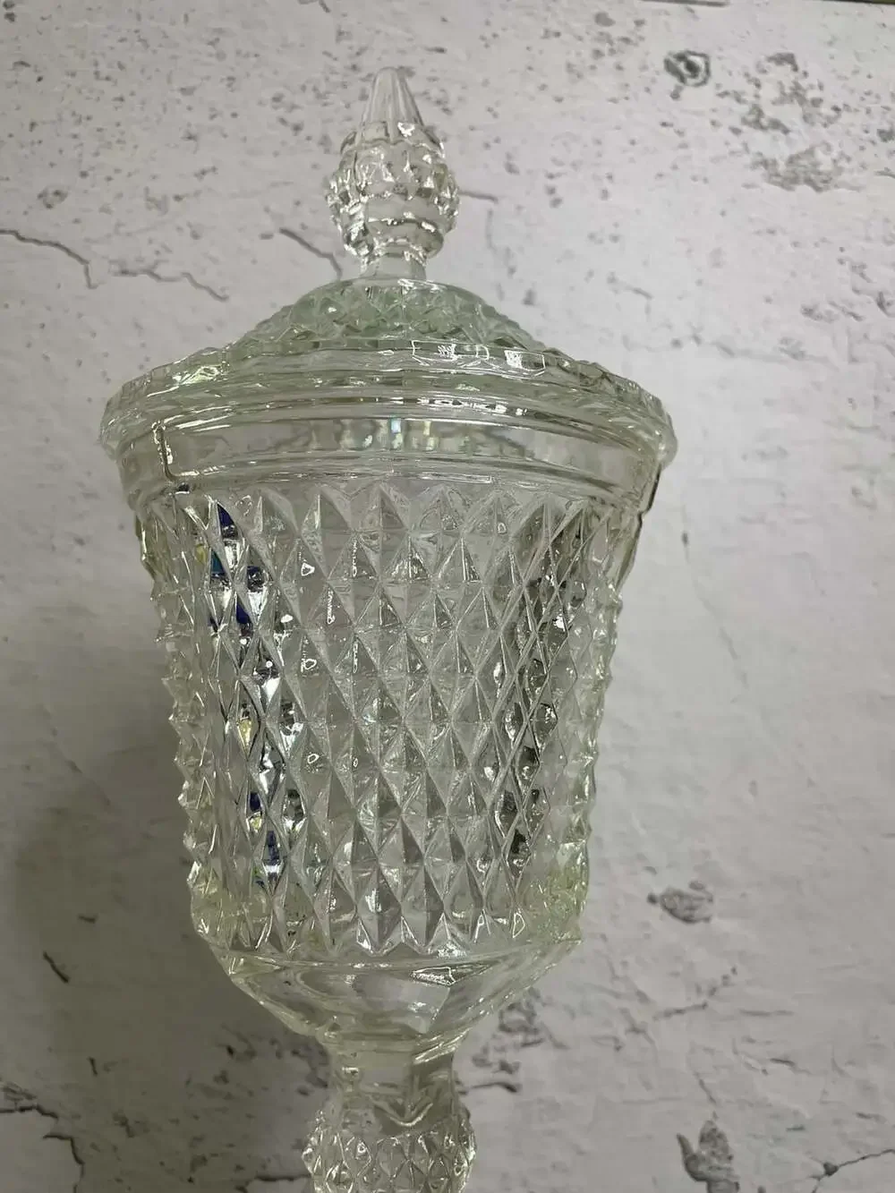 Vintage Indiana Glass Tiara Diamond Point Footed Pedestal Lidded Apothecary Jar